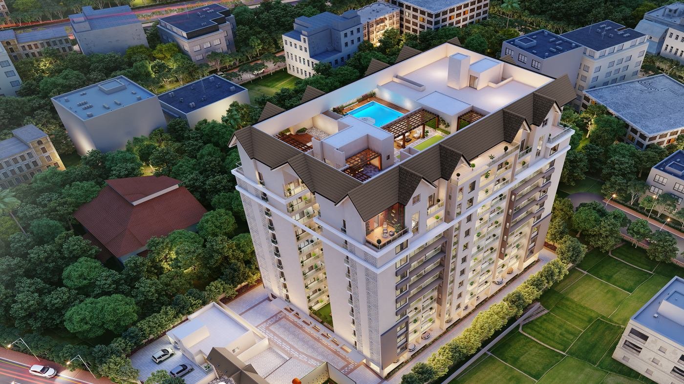 Archid Elite by Archid Builders, aerial view at dusk